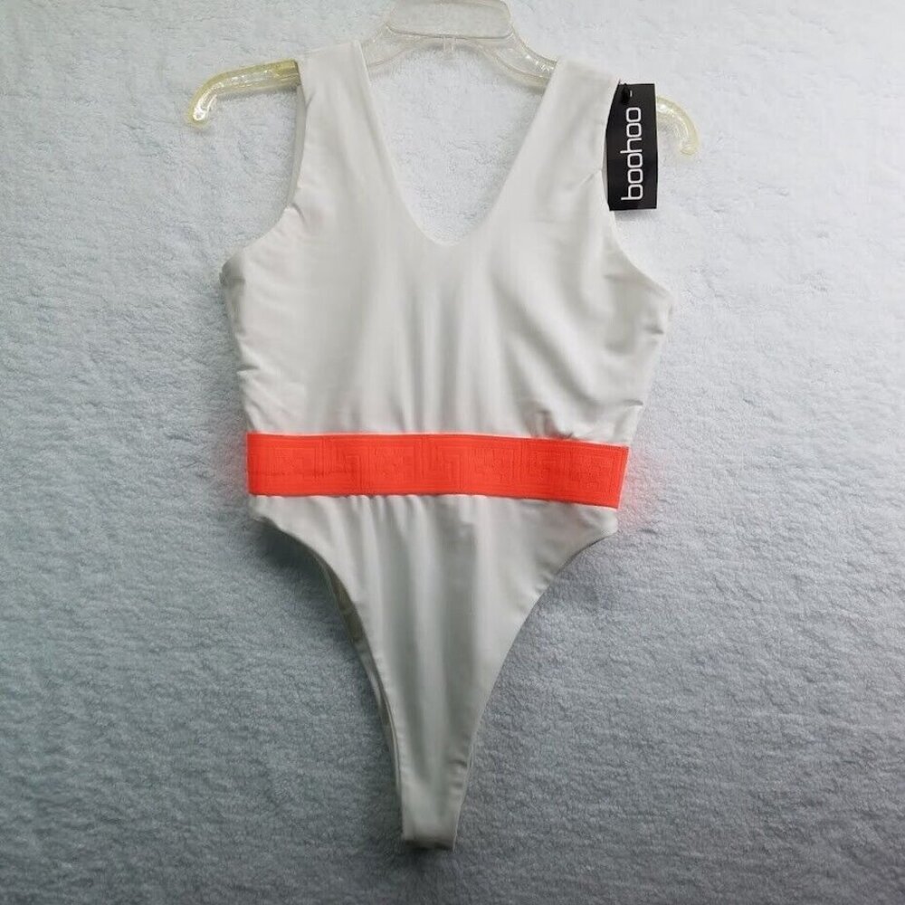 Boohoo Swimsuit Womens 8 One Piece Plunging V Neckline Orange Band Waistline New
